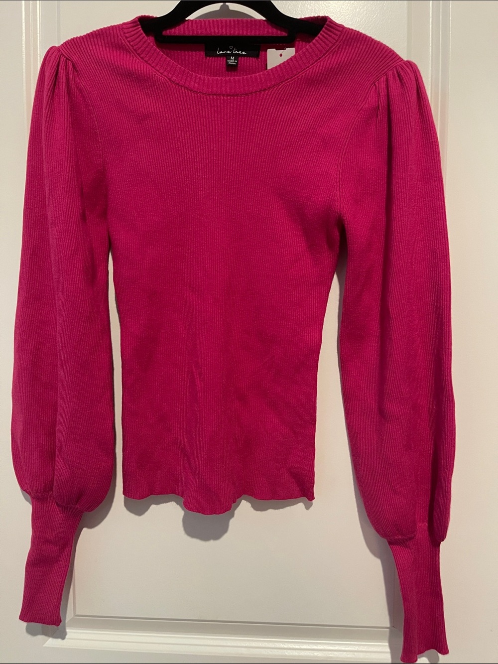 Love Tree Hot Pink Ribbed Puff-Sleeve Sweater